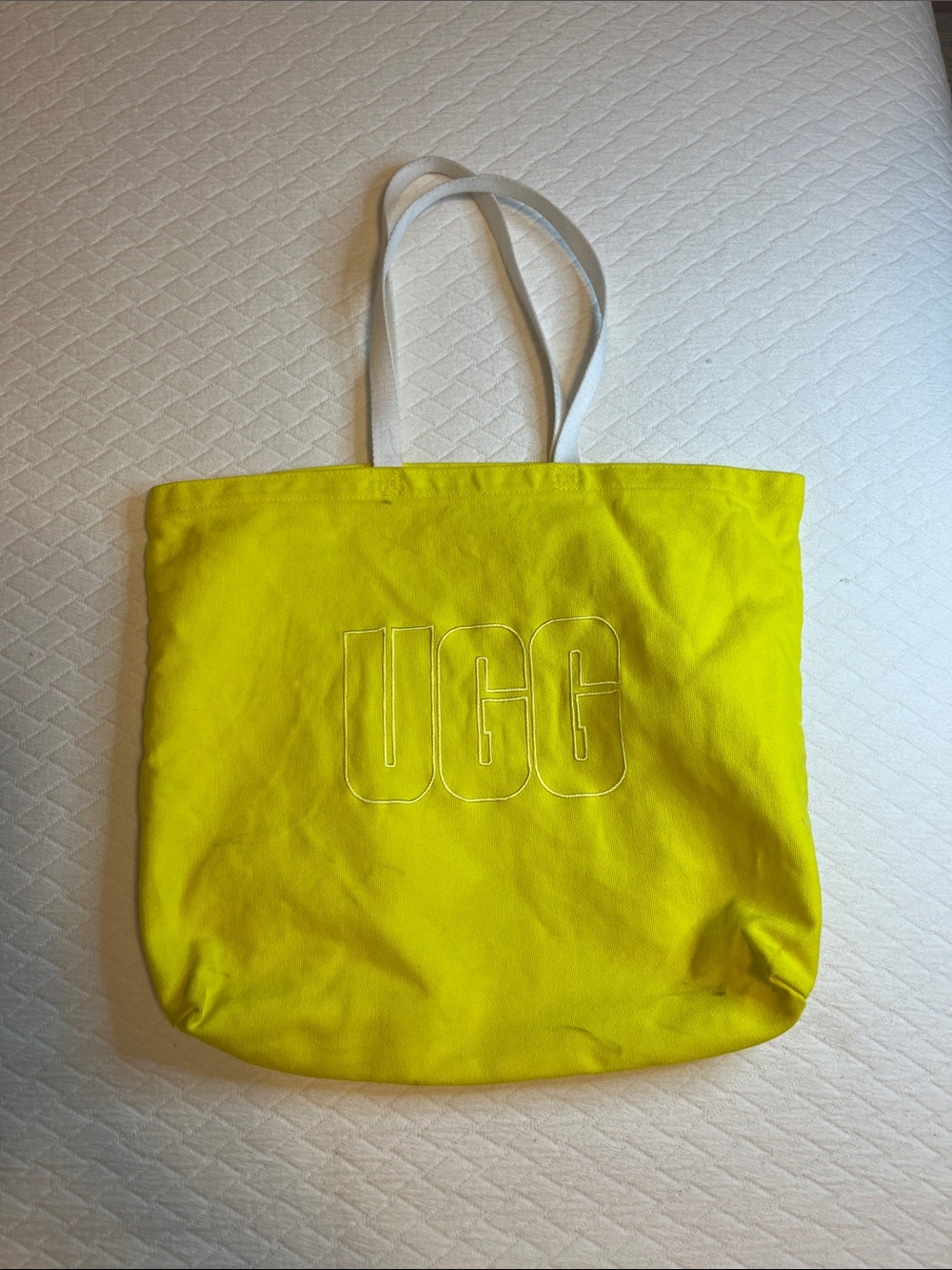 UGG Neon Yellow Cotton Canvas Tote with White Straps, 16 x 18”